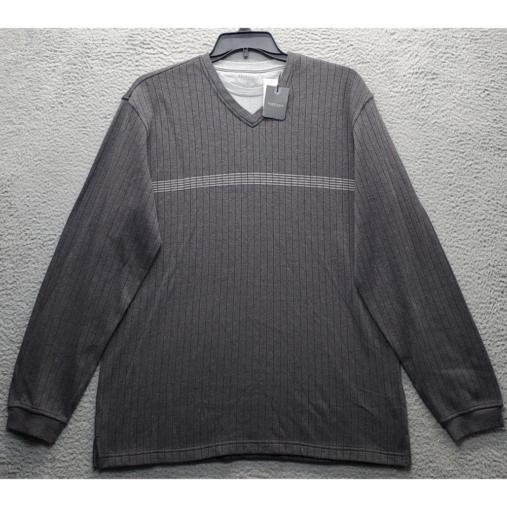 Van Heusen Sweater Mens Large Gray Knitted Long Sleeve V-Neck Side Slit